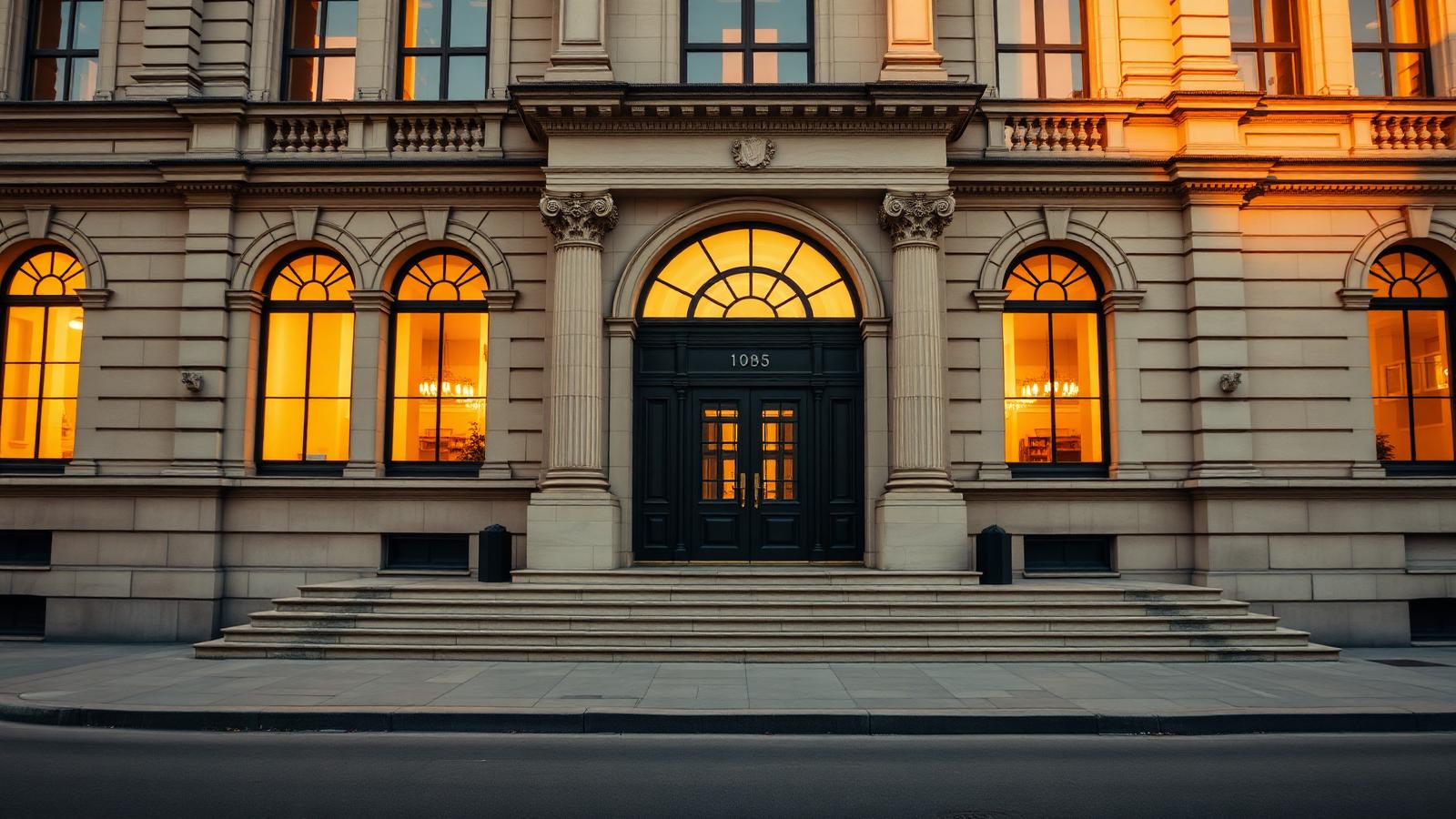 The stone facade of a classical publishing house at golden hour, tall arched windows glowing warmly